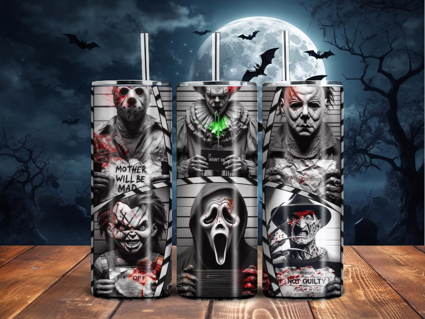 Horror Villain Mugshot Tumbler – Bloody Halloween Lineup Cup (20oz)