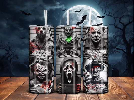 Horror Villain Mugshot Tumbler – Bloody Halloween Lineup Cup (20oz)