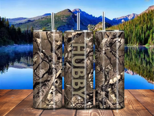 Hubby Camo 20oz Tumbler – Rustic Hunting Style Stainless Steel Skinny Cup