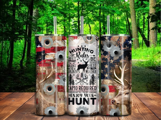 Hunting Rules 20oz Tumbler – American Flag, Bullet Holes, and Deer Design