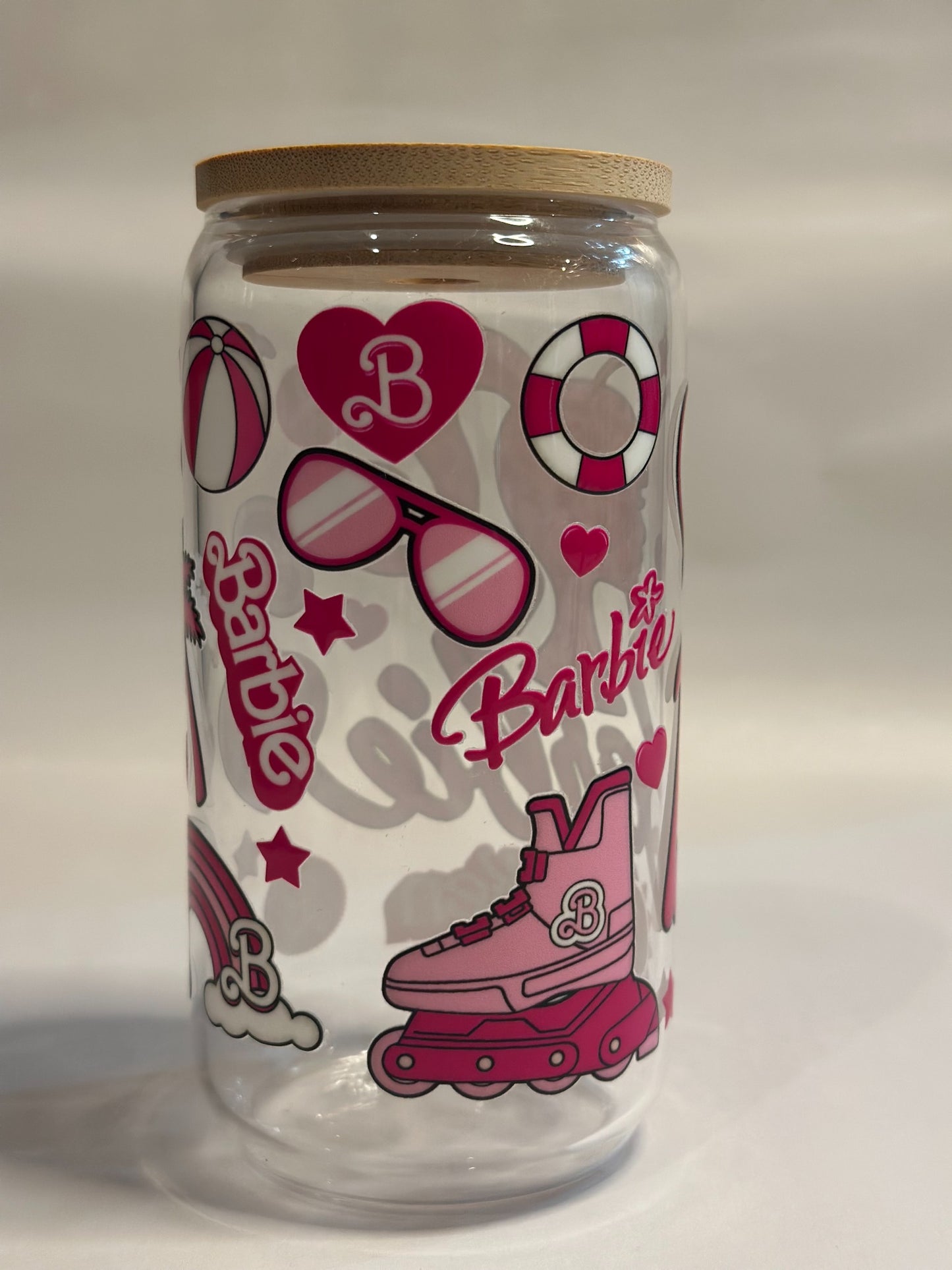 Pink Retro Doll-Inspired 16oz UV DTF Libby Glass with Bamboo Lid & Straw Toppers