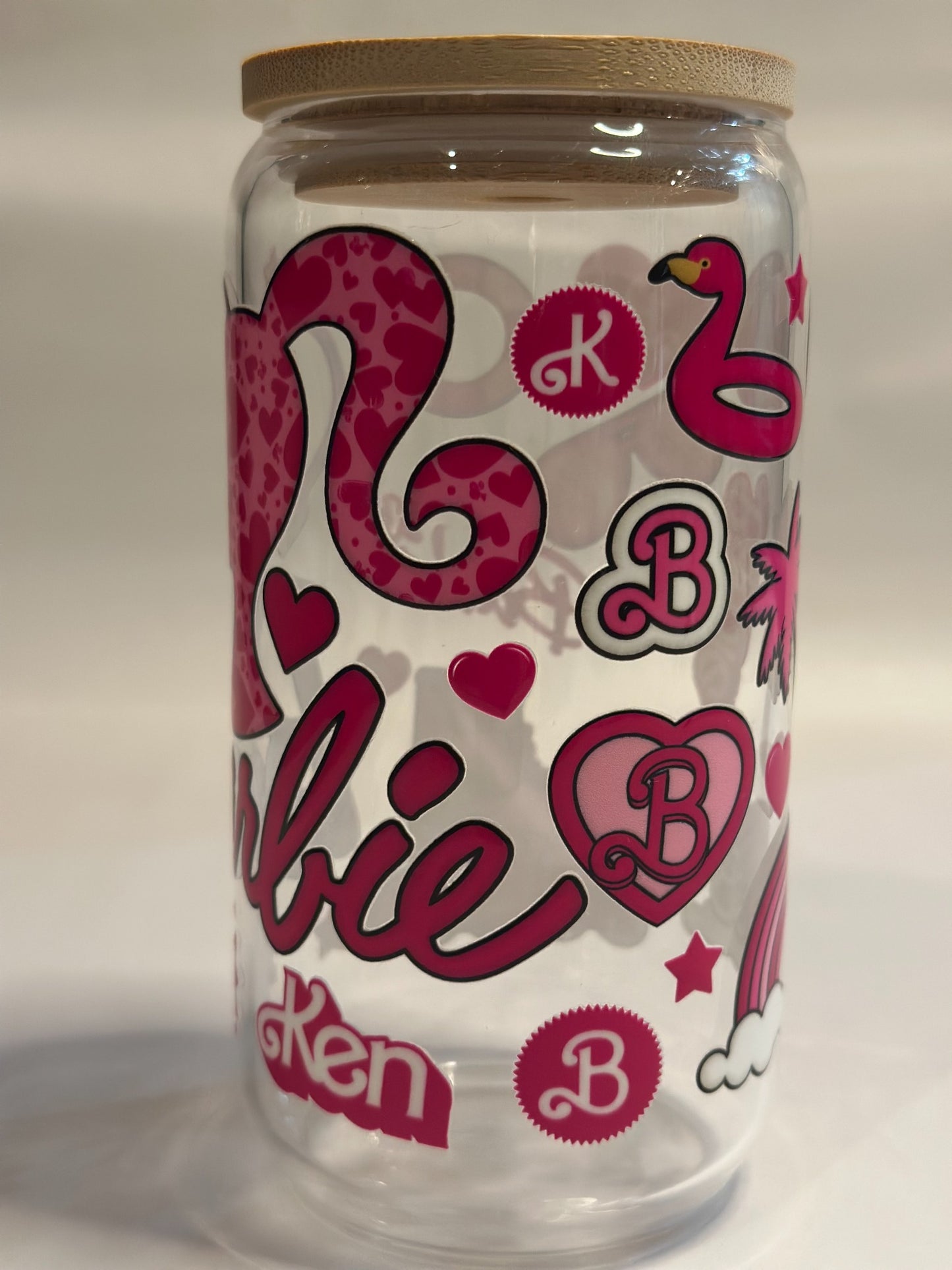 Pink Retro Doll-Inspired 16oz UV DTF Libby Glass with Bamboo Lid & Straw Toppers