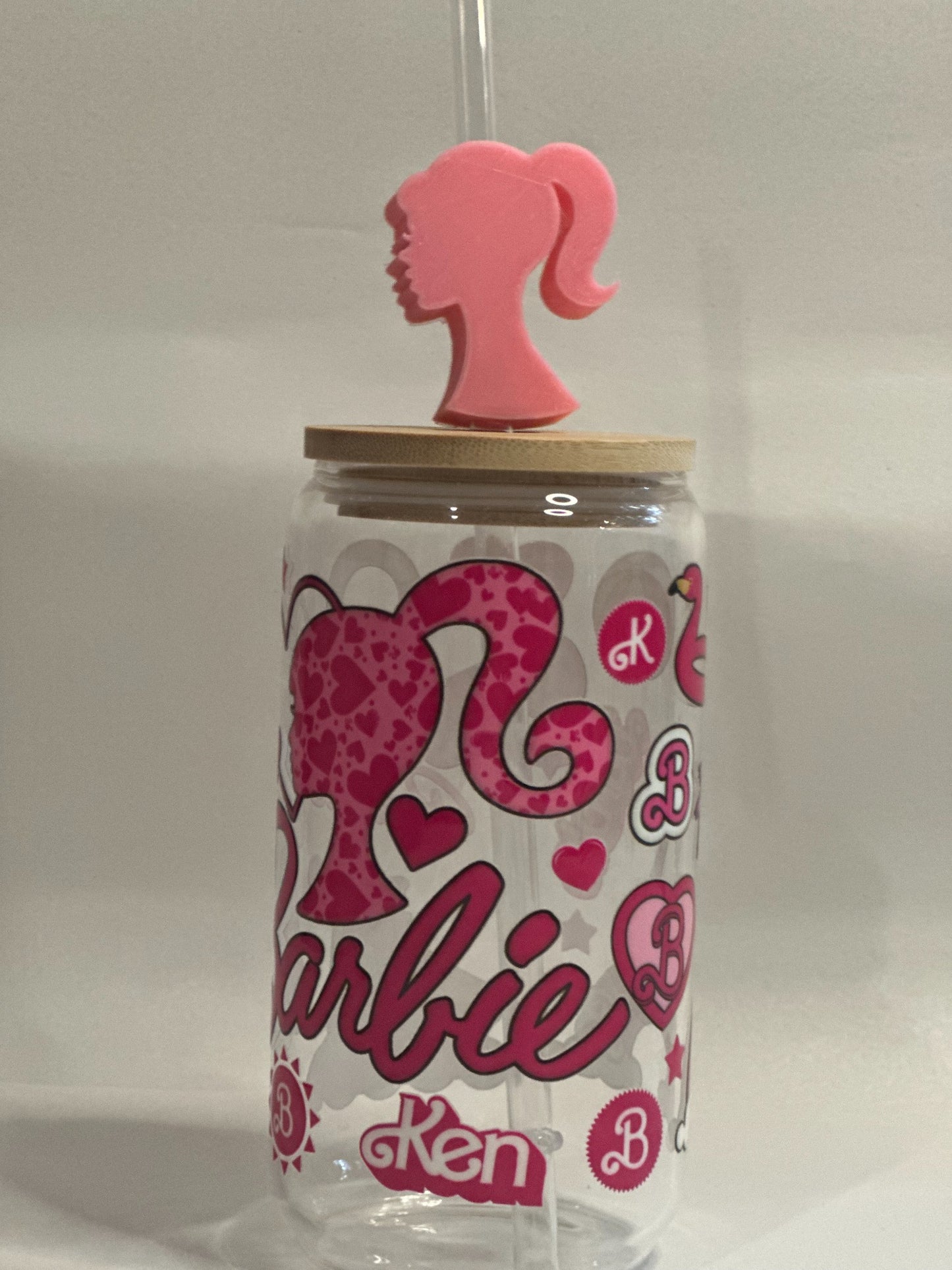 Pink Retro Doll-Inspired 16oz UV DTF Libby Glass with Bamboo Lid & Straw Toppers