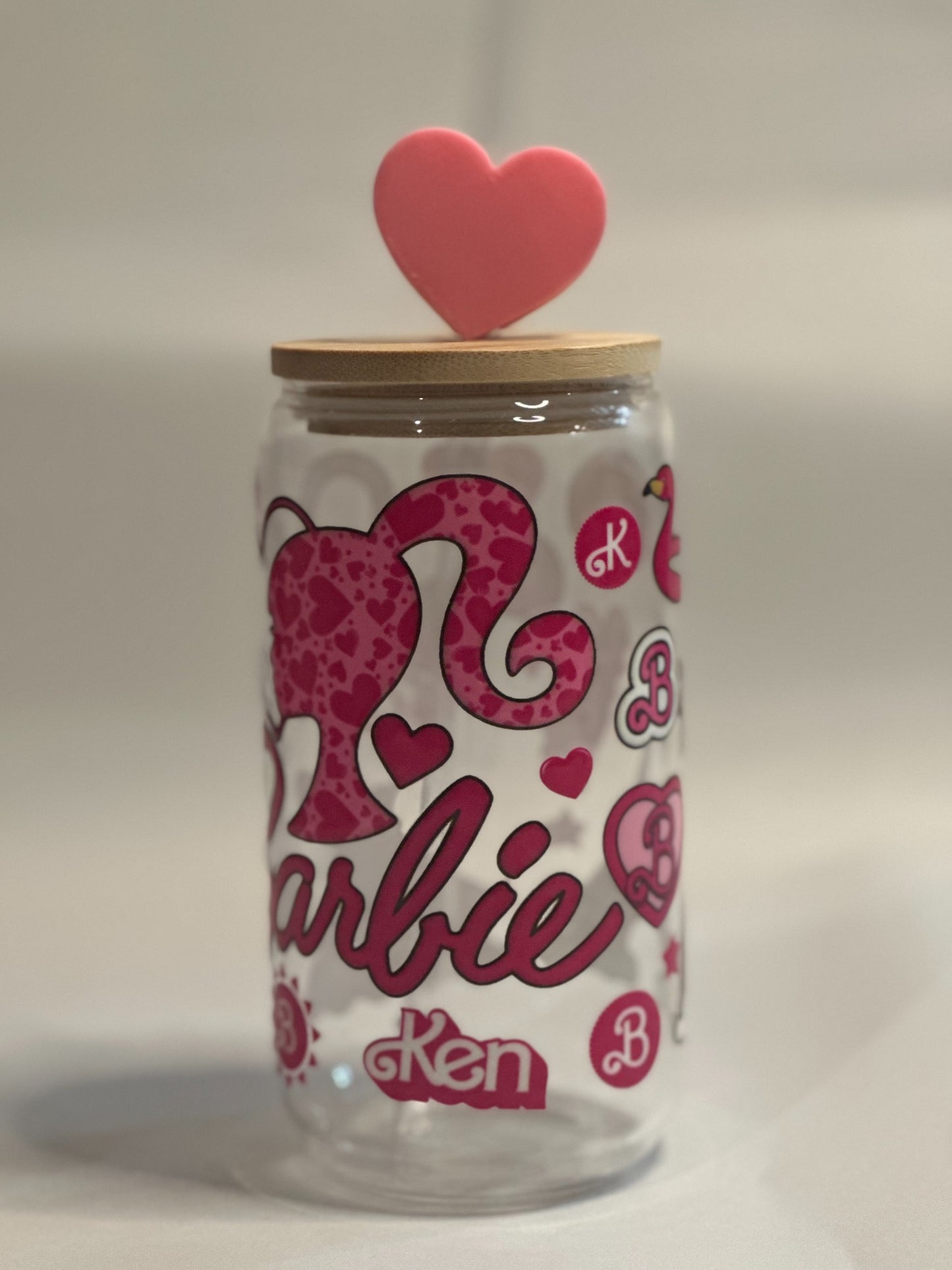 Pink Retro Doll-Inspired 16oz UV DTF Libby Glass with Bamboo Lid & Straw Toppers