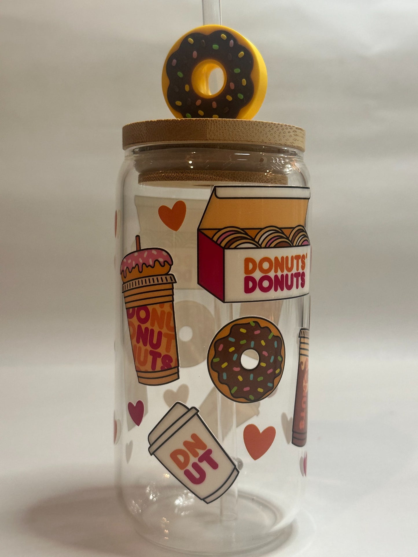 Donut & Coffee Lover Gift Bundle – 16oz Libby Glass Cup with Donut Straw Charm + Coffee-Scented Freshie Set (Full Size + Vent Clips)
