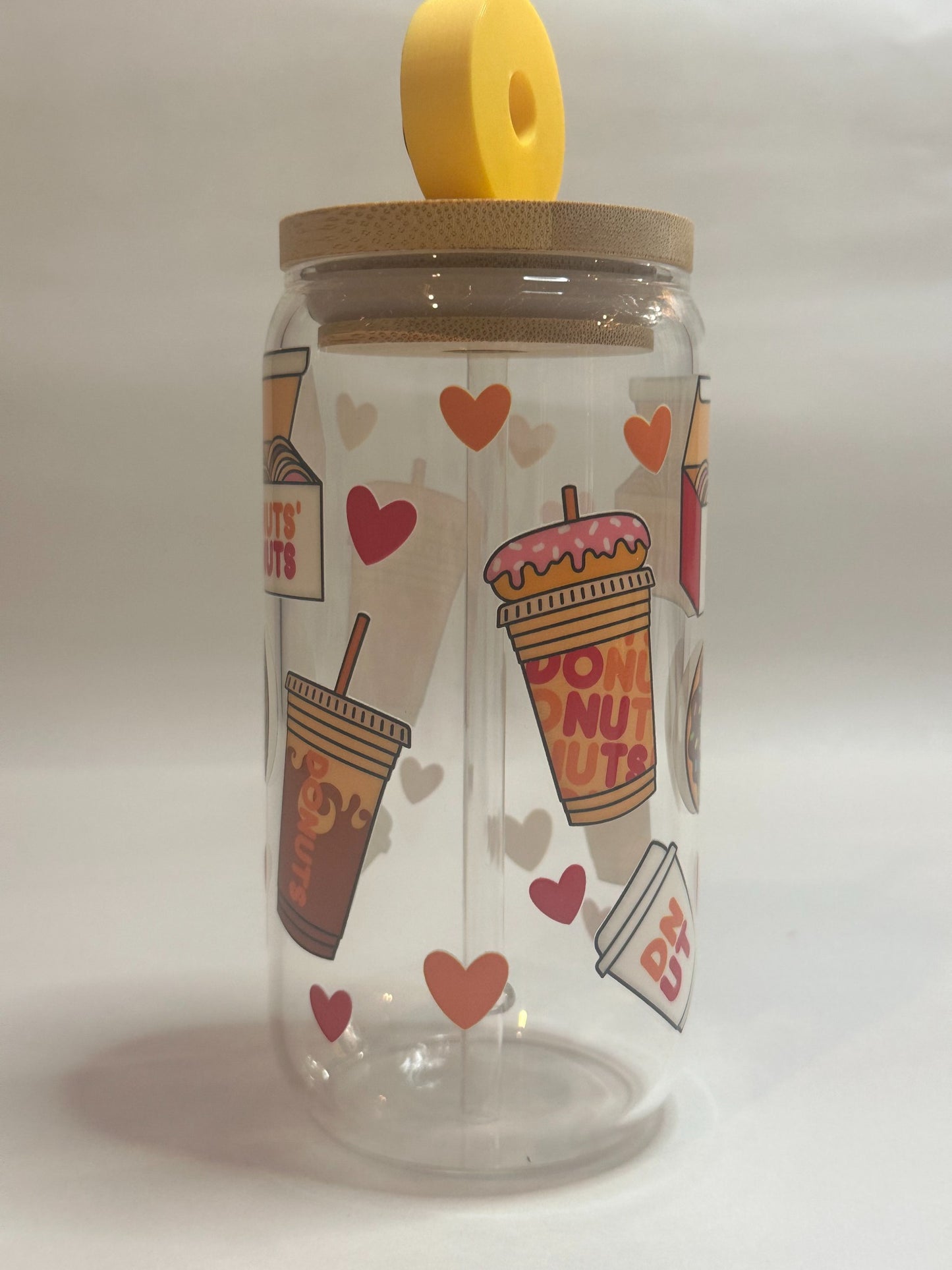 16oz Libby glass with donut and coffee themed wrap and chocolate donut straw charm