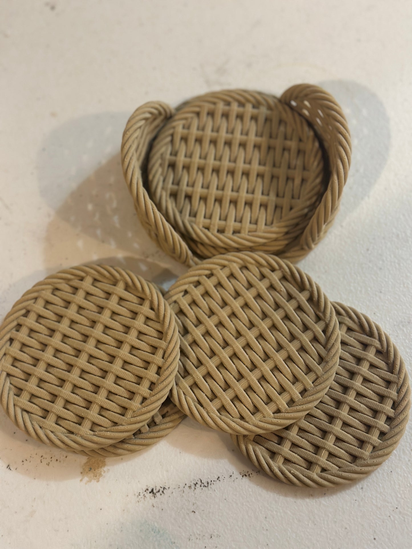 3D Printed Wicker-Style Drink Coaster Set – 3.75” Round – Handmade Rustic Coasters with Holder