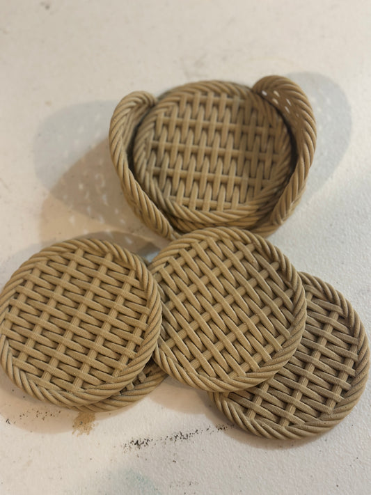 3D Printed Wicker-Style Drink Coaster Set – 3.75” Round – Handmade Rustic Coasters with Holder
