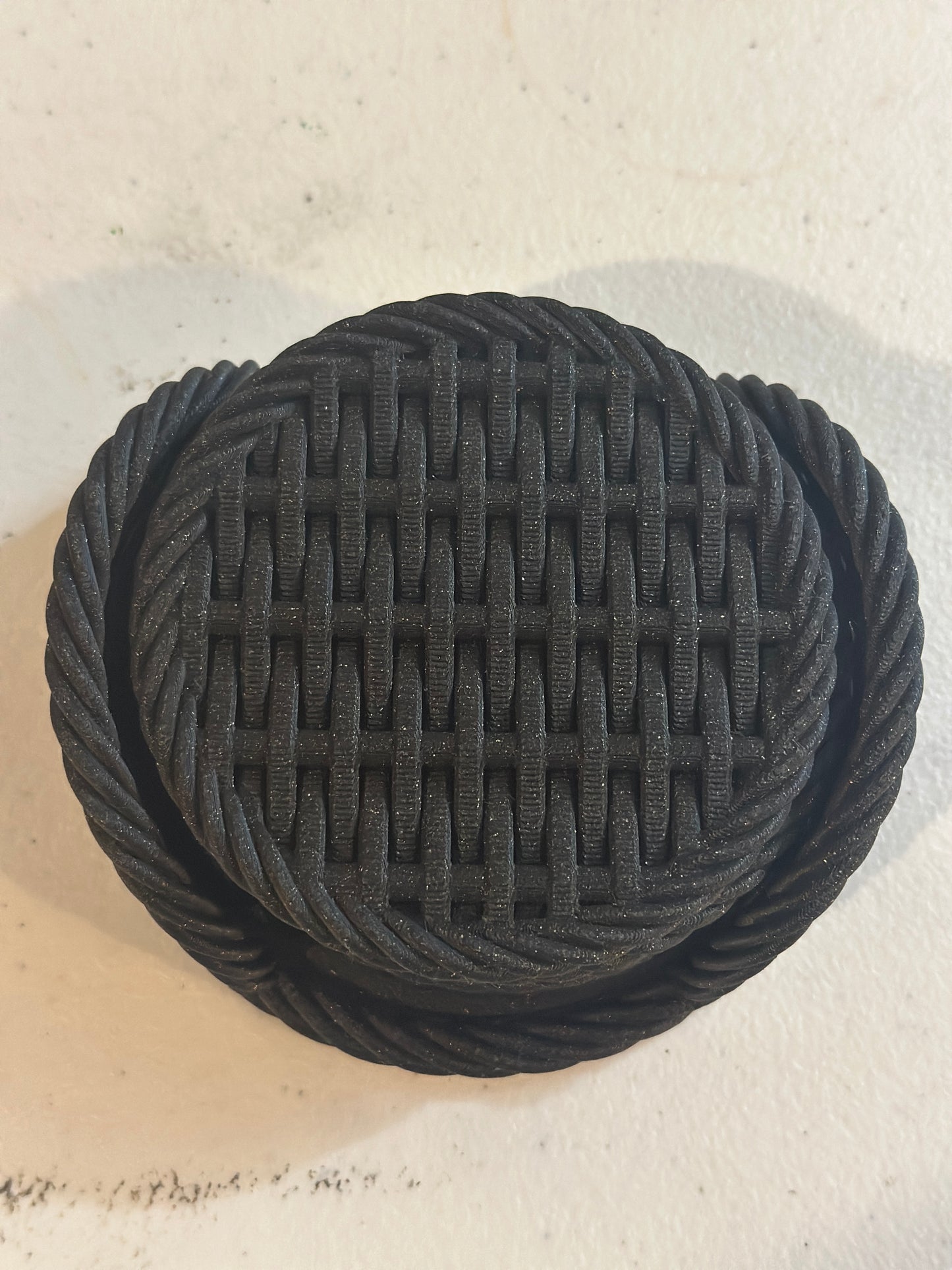 3D Printed Wicker-Style Drink Coaster Set – 3.75” Round – Handmade Rustic Coasters with Holder