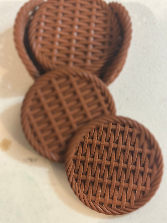 3D Printed Wicker-Style Drink Coaster Set – 3.75” Round – Handmade Rustic Coasters with Holder