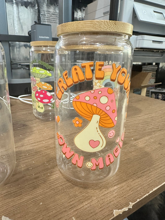 Create Your Own Magic Libby Glass – 16oz Boho Mushroom Iced Coffee Cup with Bamboo Lid