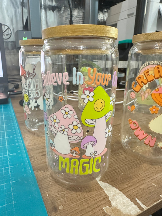 Believe in Your Own Magic Libby Glass – 16oz Boho Mushroom Cup with Bamboo Lid