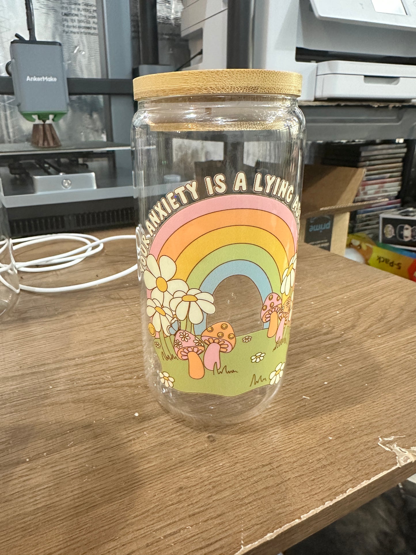 Your Anxiety Is a Lying Ass Bitch Libby Glass – 16oz Rainbow Boho Iced Coffee Cup with Bamboo Lid
