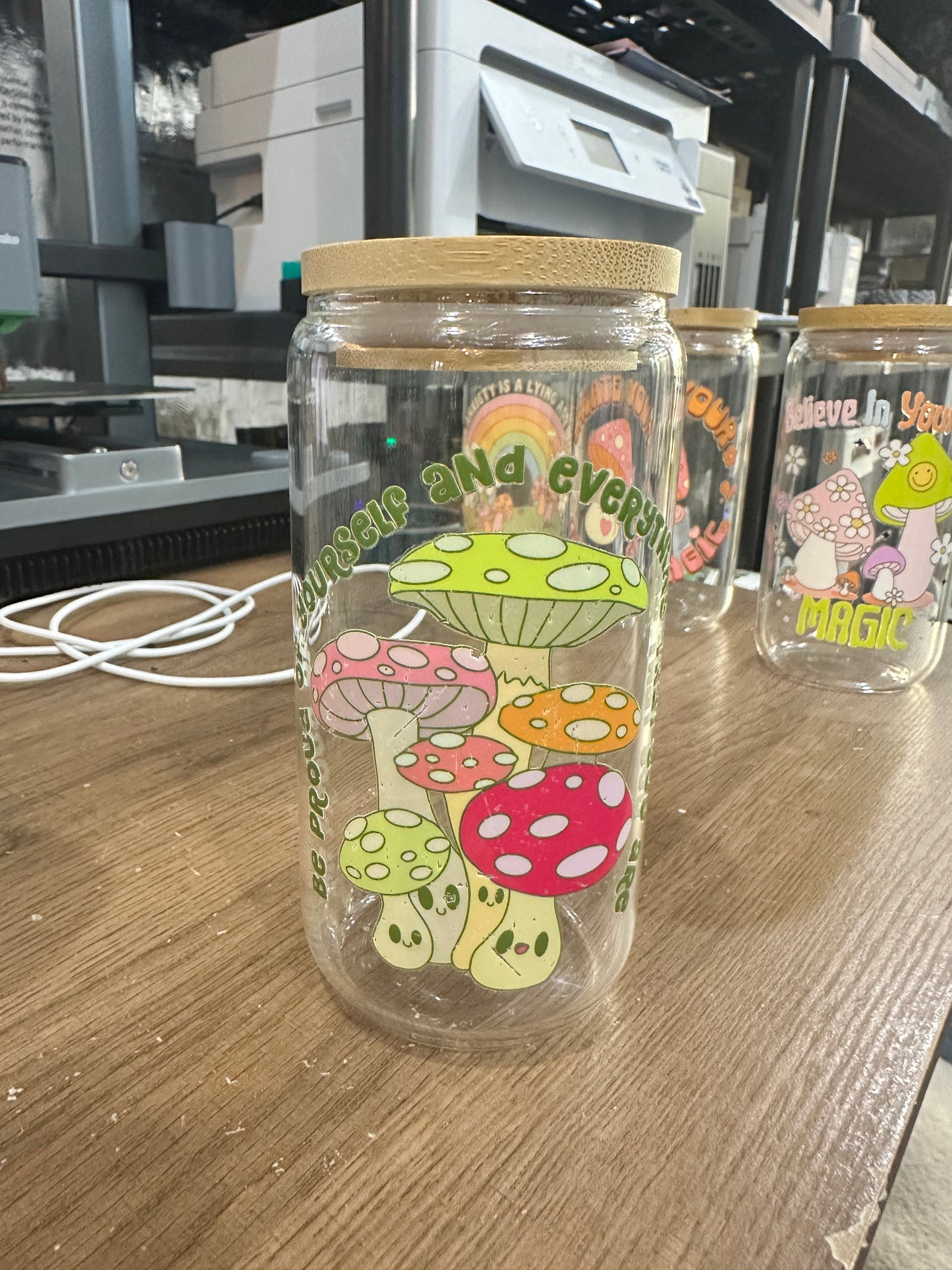 Be Proud of Yourself Libby Glass – 16oz Colorful Mushroom Iced Coffee Cup with Bamboo Lid