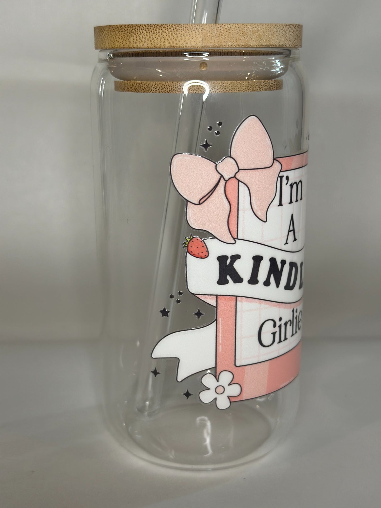 I'm a Kindle Girlie – 16oz Libby Glass Can with Bamboo Lid & Glass Straw – Aesthetic Book Lover Gift
