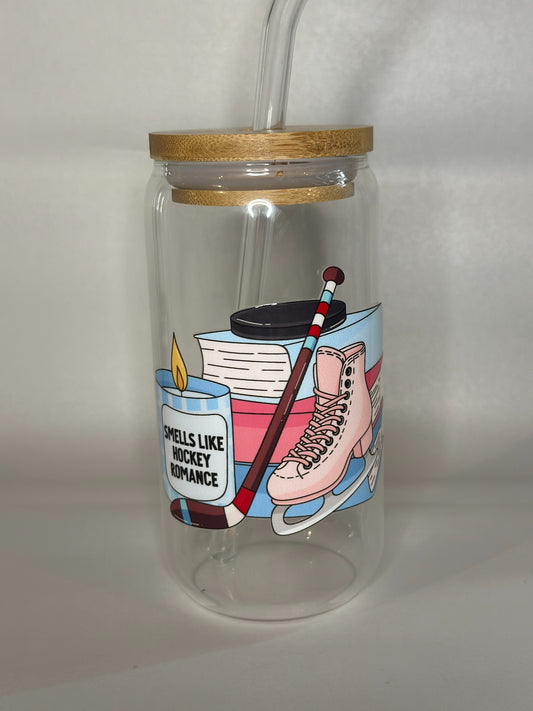 Smells Like Hockey Romance Libby Glass – 16oz Iced Coffee Cup with Bamboo Lid & Glass Straw