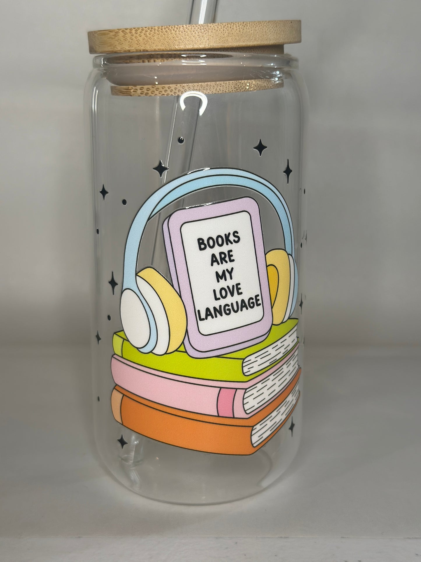 Books Are My Love Language Libby Glass – 16oz Bookish Glass Cup with Bamboo Lid & Straw
