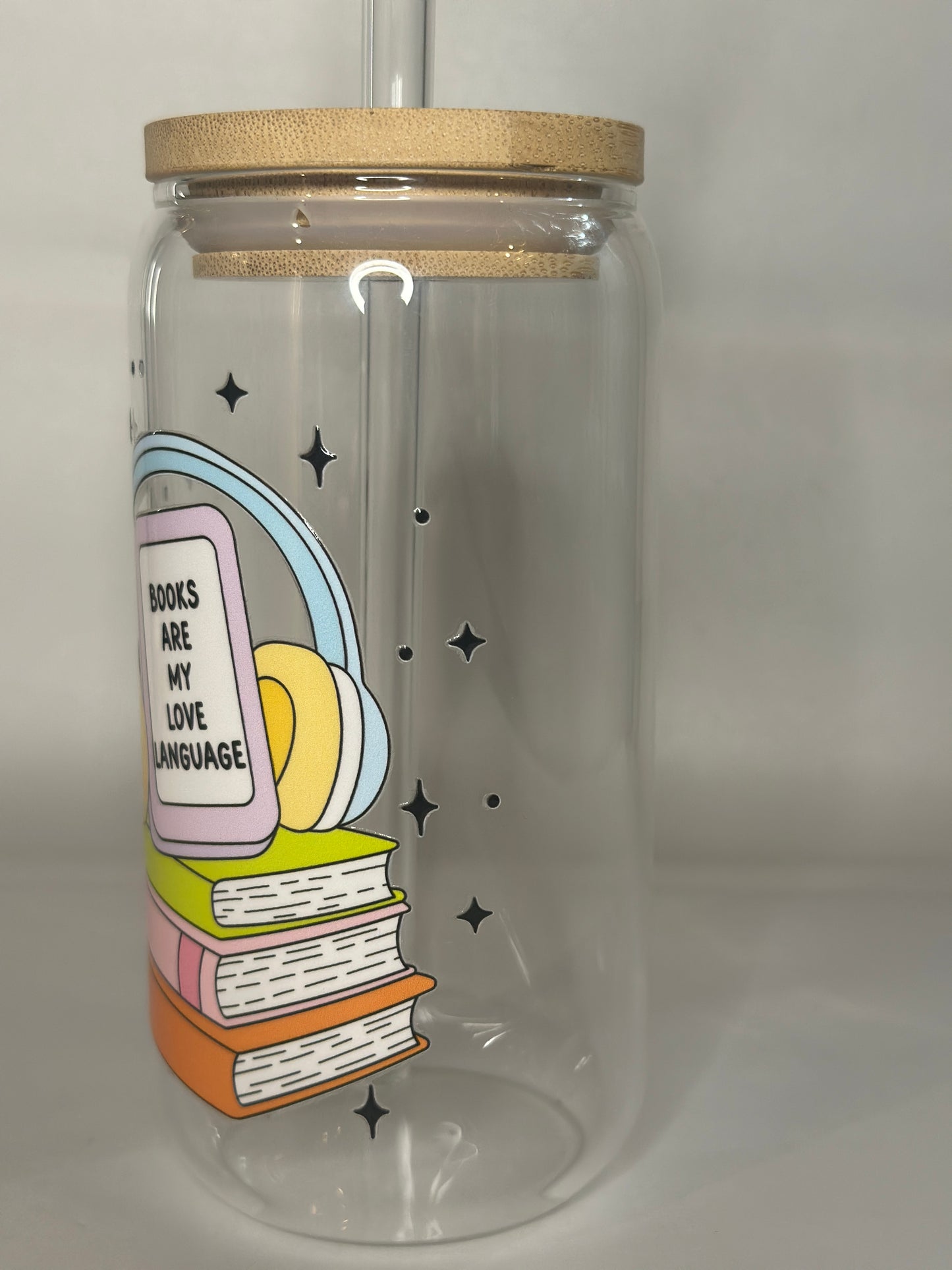 Books Are My Love Language Libby Glass – 16oz Bookish Glass Cup with Bamboo Lid & Straw