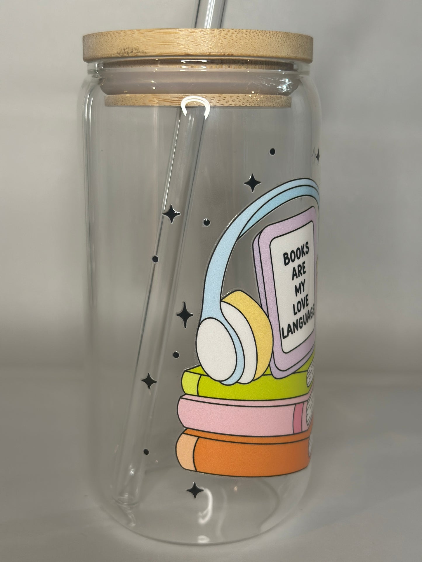 Books Are My Love Language Libby Glass – 16oz Bookish Glass Cup with Bamboo Lid & Straw