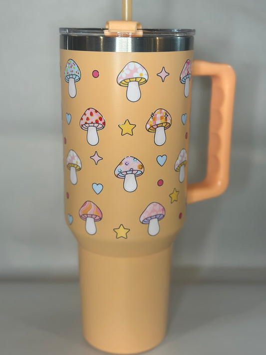 40oz Mushroom Magic Tumbler with Handle – Cute Psychedelic Vibe, Stainless Steel, Sublimated Design