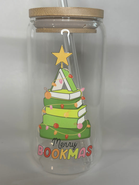 Merry Bookmas 16oz UV-DTF Libby Glass – Holiday Book Tree Glass Cup with Lid & Straw