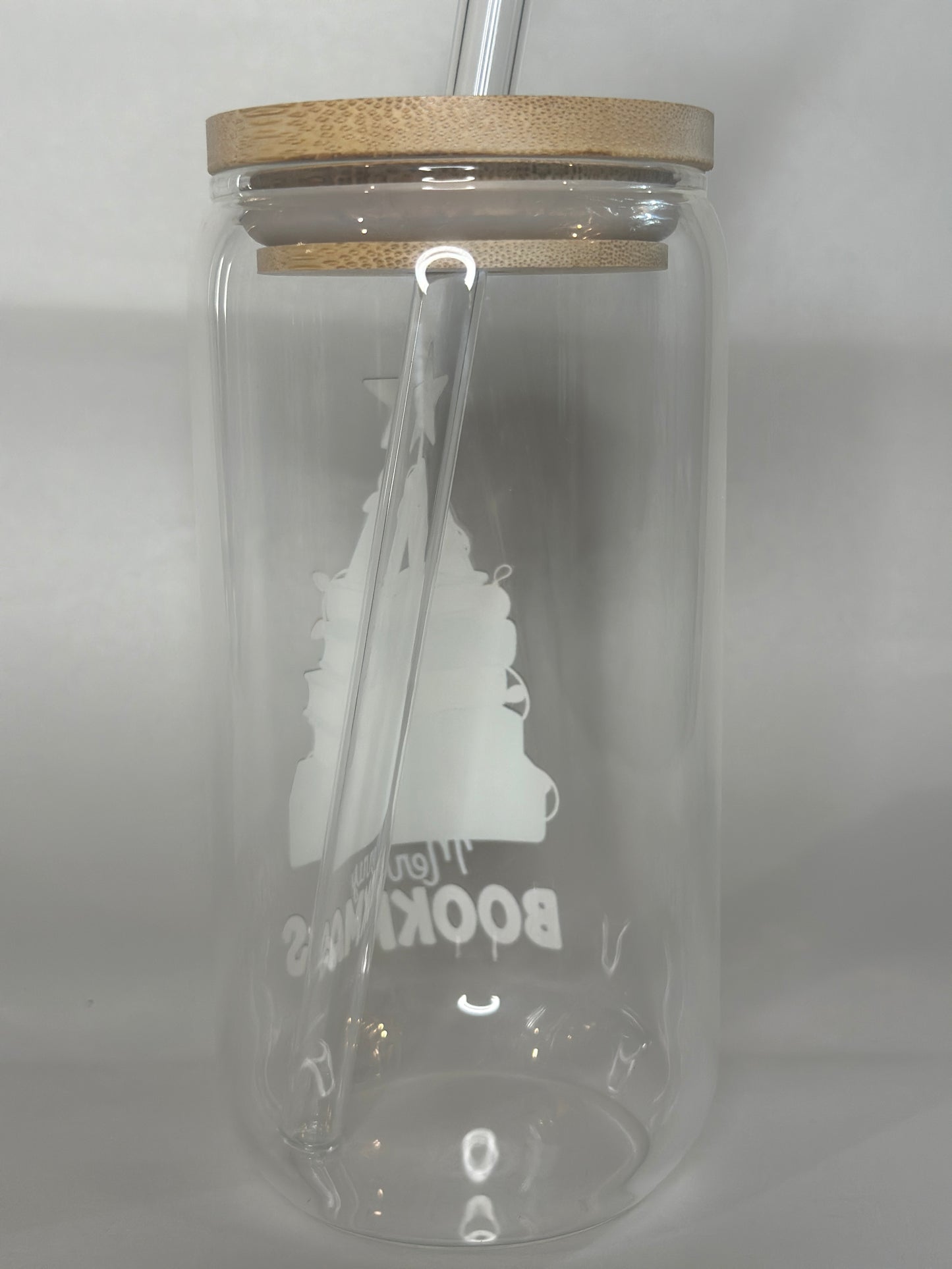 Merry Bookmas 16oz UV-DTF Libby Glass – Holiday Book Tree Glass Cup with Lid & Straw