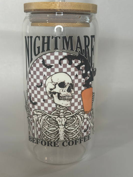 Nightmare Before Coffee 16oz UV-DTF Libby Glass – Skeleton Halloween Cup with Lid & Straw