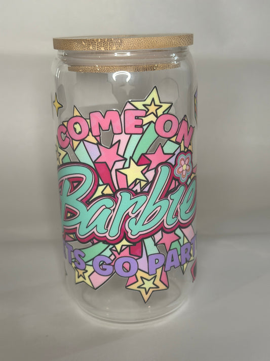 Come On Barbie Let’s Go Party 16oz Libby Glass – UV-DTF Retro Starburst Cup with Lid & Straw