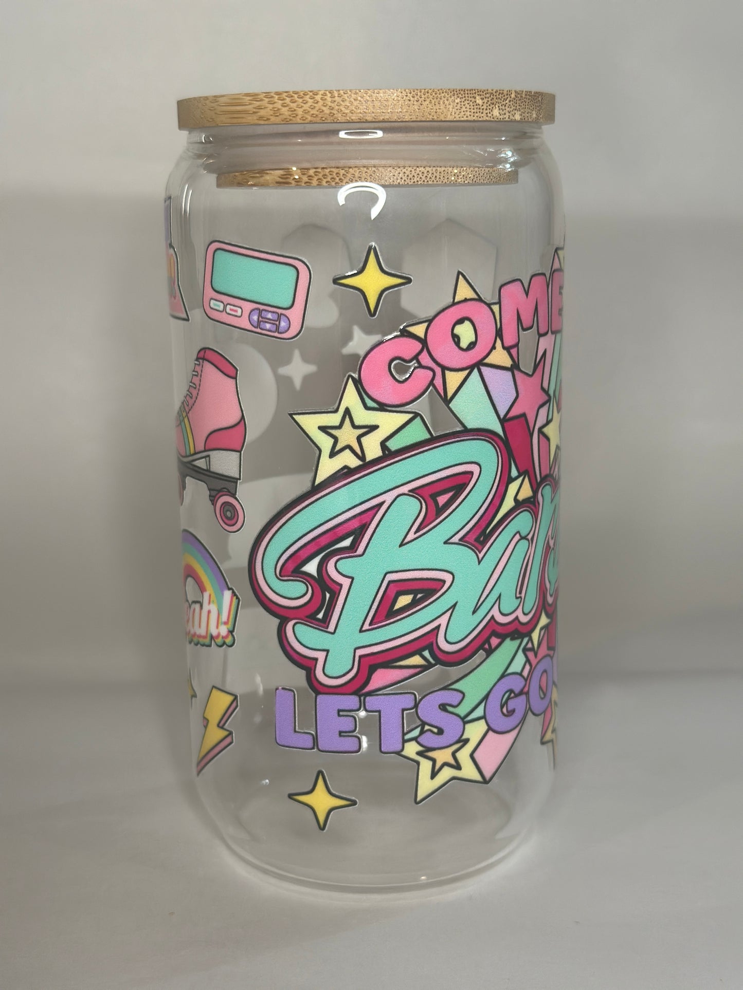 Come On Barbie Let’s Go Party 16oz Libby Glass – UV-DTF Retro Starburst Cup with Lid & Straw