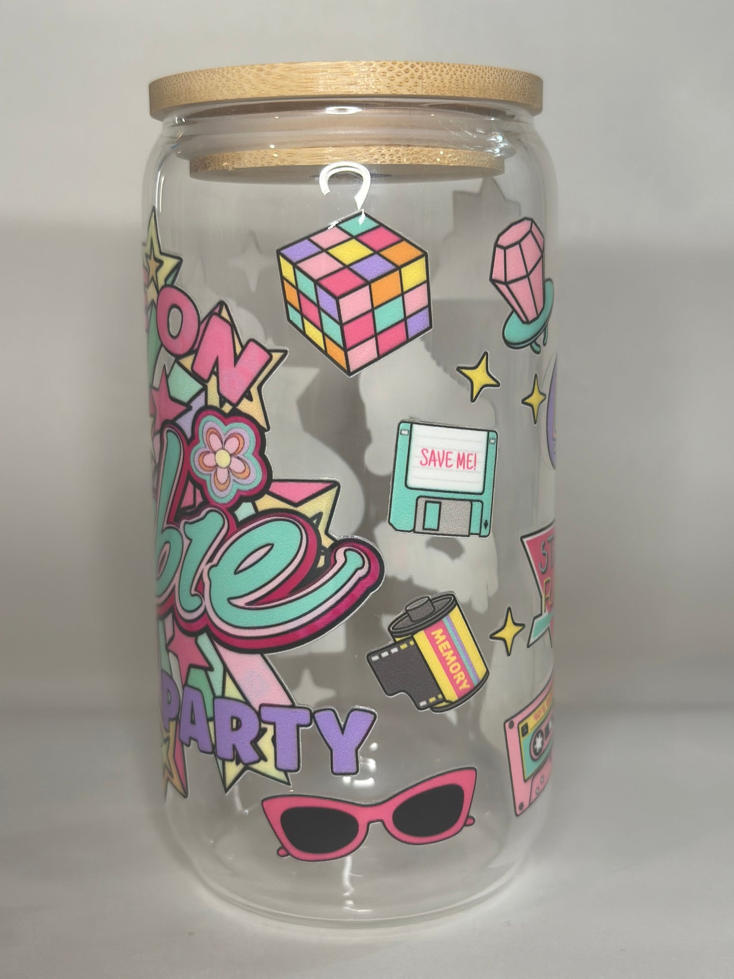 Come On Barbie Let’s Go Party 16oz Libby Glass – UV-DTF Retro Starburst Cup with Lid & Straw