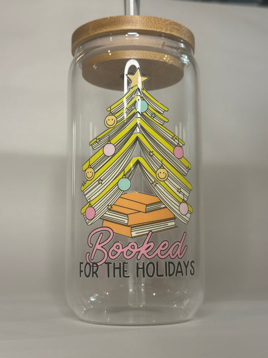 Booked for the Holidays 16oz Libby Glass Cup – UV-DTF Christmas Tree Book Design with Lid & Straw