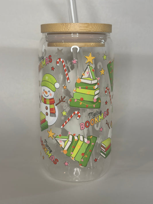 Merry Bookmas 16oz Libby Glass Cup – UV-DTF Holiday Cup with Books, Snowman, Candy Canes, Lid & Straw