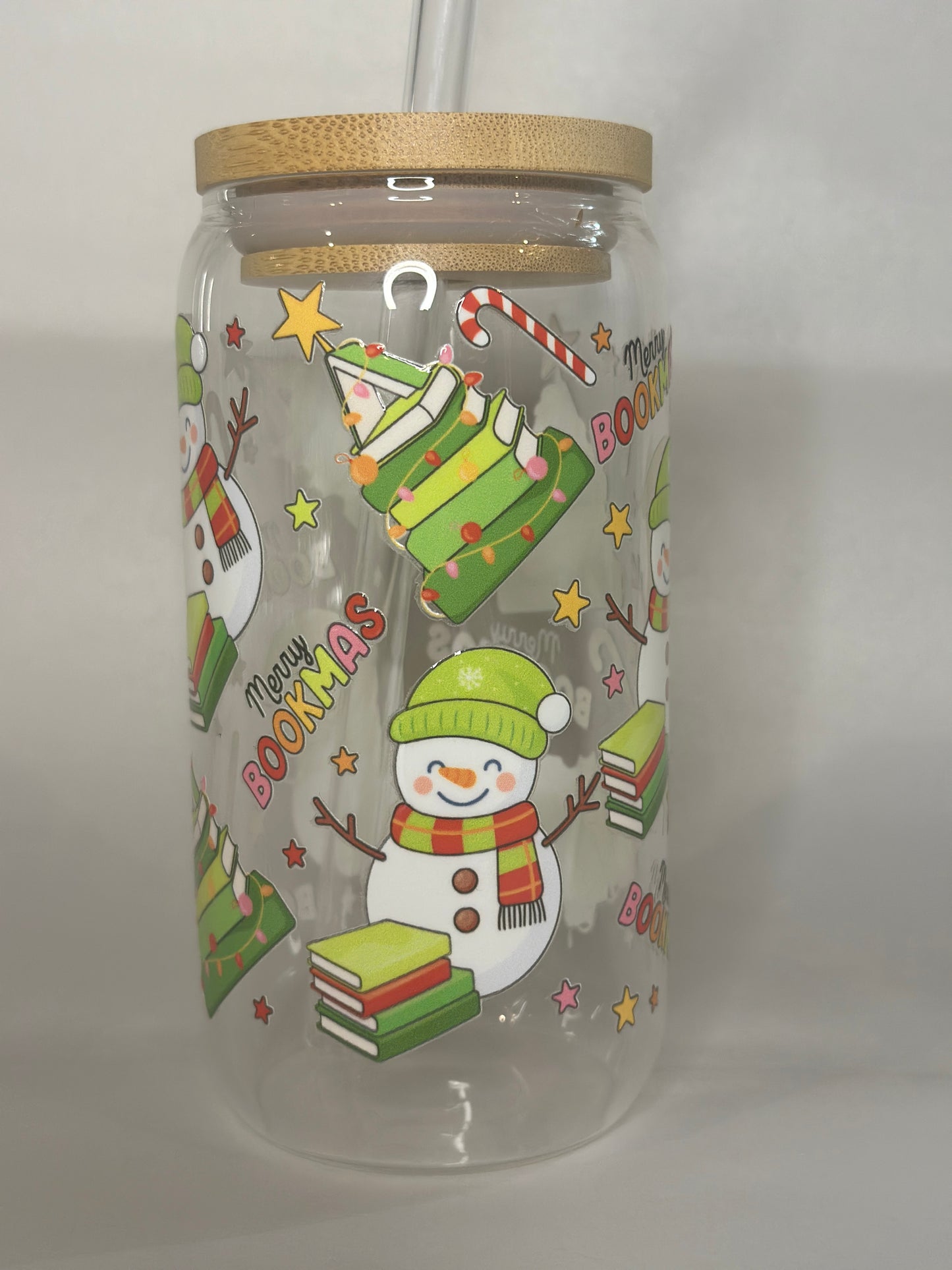 Merry Bookmas 16oz Libby Glass Cup – UV-DTF Holiday Cup with Books, Snowman, Candy Canes, Lid & Straw