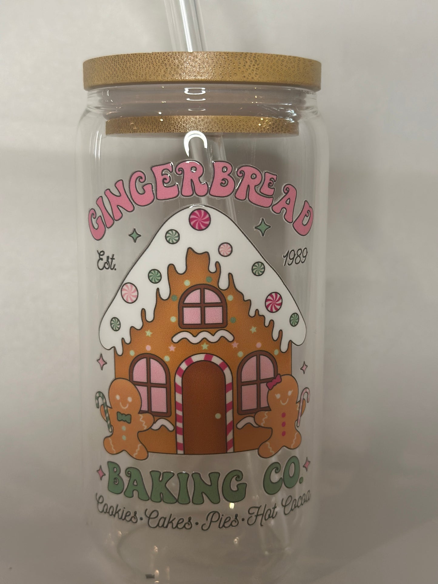 Gingerbread Baking Co. 16oz Libby Glass Cup – UV-DTF Christmas Holiday Cup with Bamboo Lid & Straw