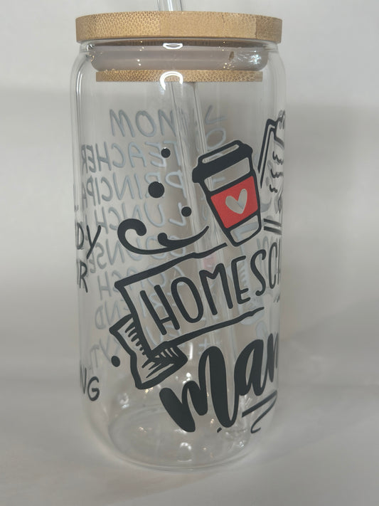 Homeschool Mama 16oz Libby Glass with Bamboo Lid & Straw – Teacher Gift, Mom Life Drinkware