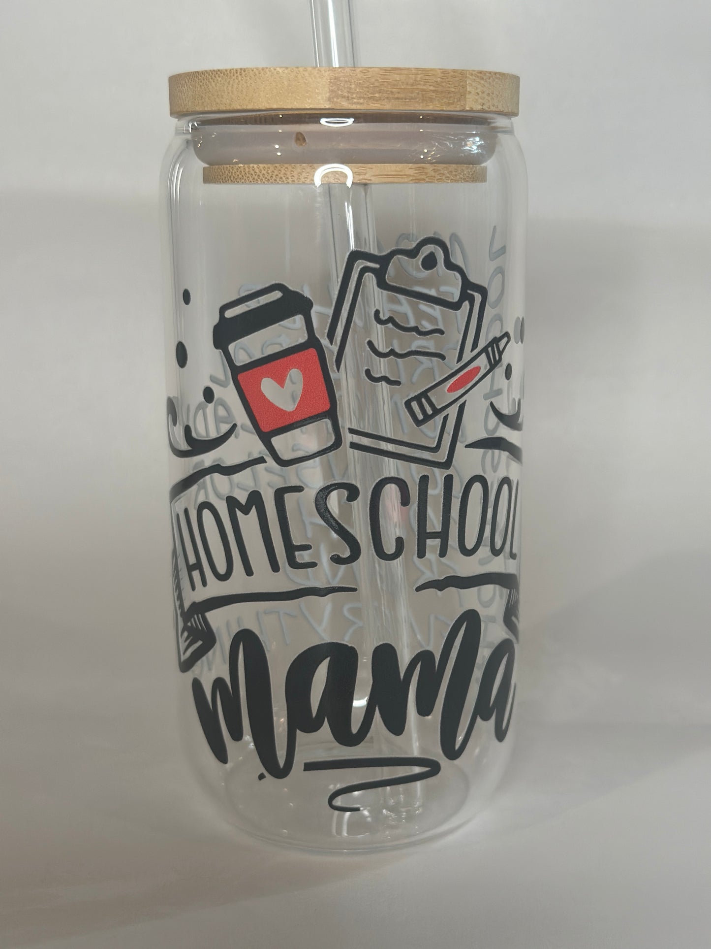 Homeschool Mama 16oz Libby Glass with Bamboo Lid & Straw – Teacher Gift, Mom Life Drinkware