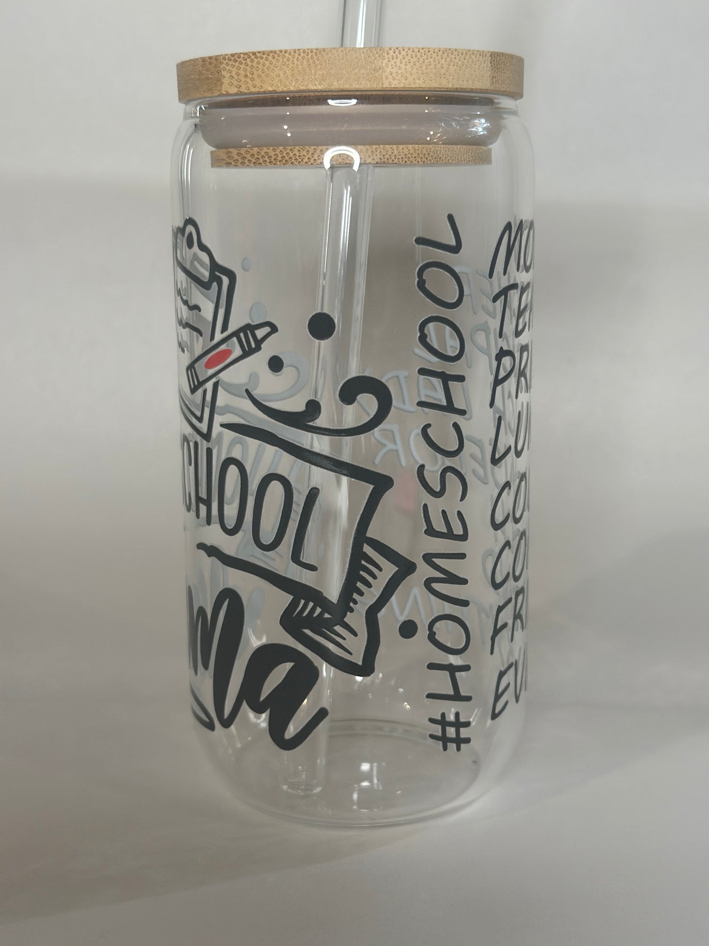 Homeschool Mama 16oz Libby Glass with Bamboo Lid & Straw – Teacher Gift, Mom Life Drinkware