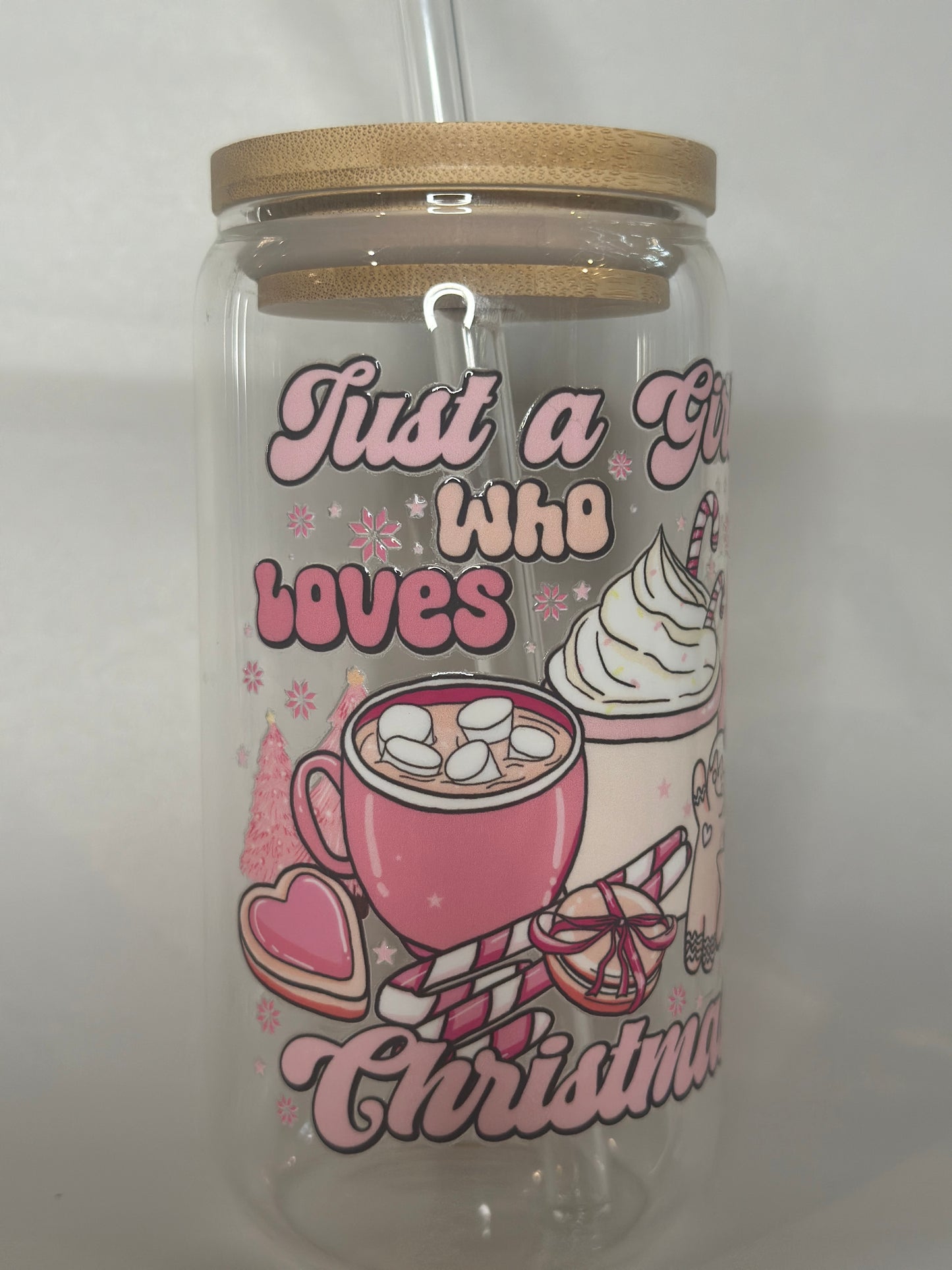 Just a Girl Who Loves Christmas Libby Glass – Pink Holiday 16oz Tumbler with Hot Cocoa Design