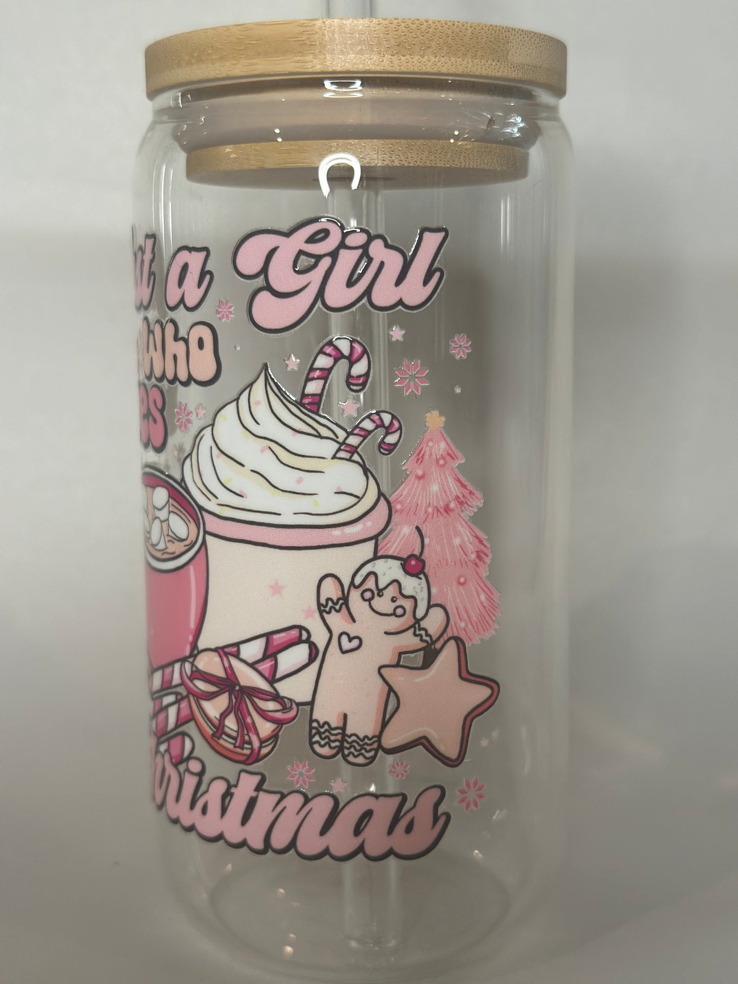 Just a Girl Who Loves Christmas Libby Glass – Pink Holiday 16oz Tumbler with Hot Cocoa Design