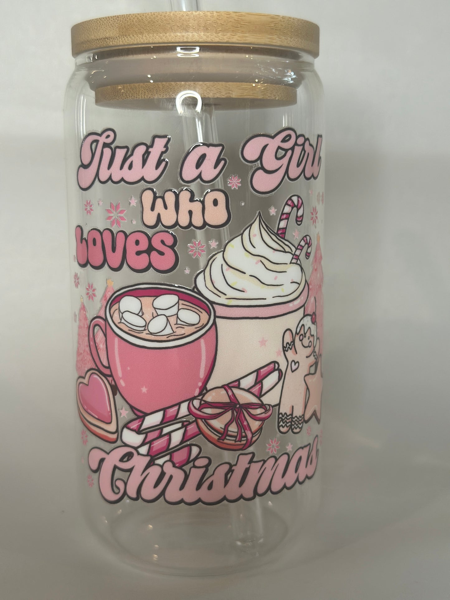 Just a Girl Who Loves Christmas Libby Glass – Pink Holiday 16oz Tumbler with Hot Cocoa Design