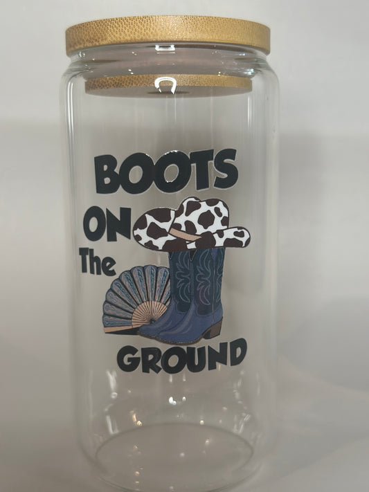 Blue Cowboy Boots Libby Glass – “Boots on the Ground” 16oz Western Tumbler with Bamboo Lid