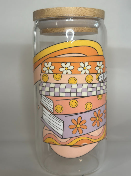 Retro Book Stack Libby Glass – 16oz Pastel Book Lover Glass Cup