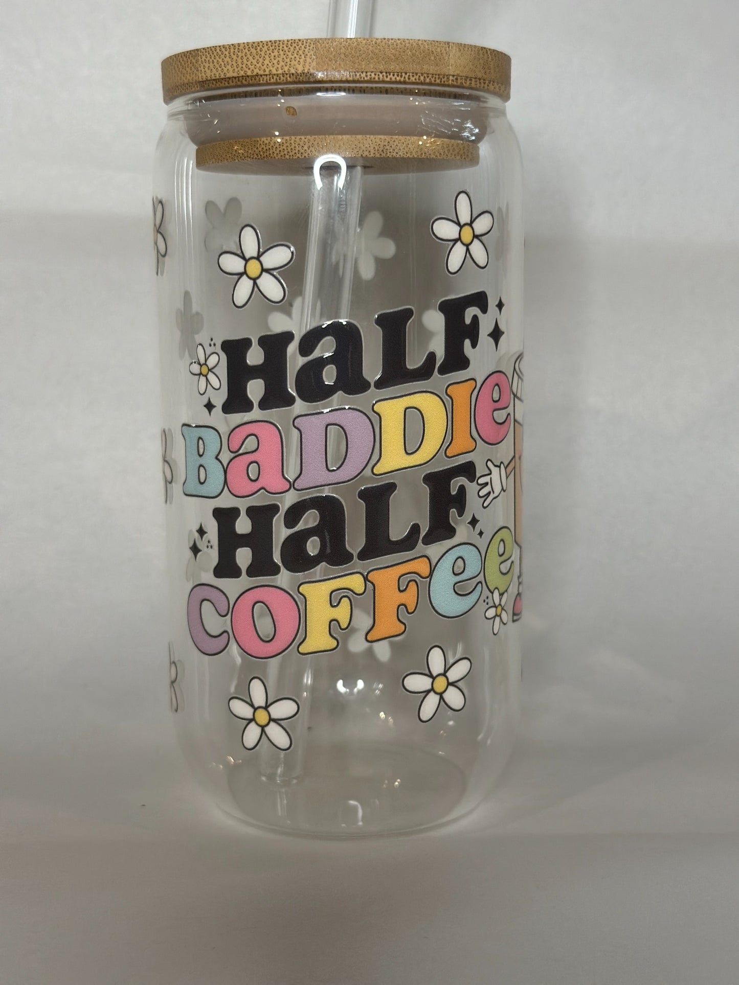 Half Baddie Half Coffee 16oz Libby Glass Can with Bamboo Lid & Straw – Cute Daisy Retro Tumbler