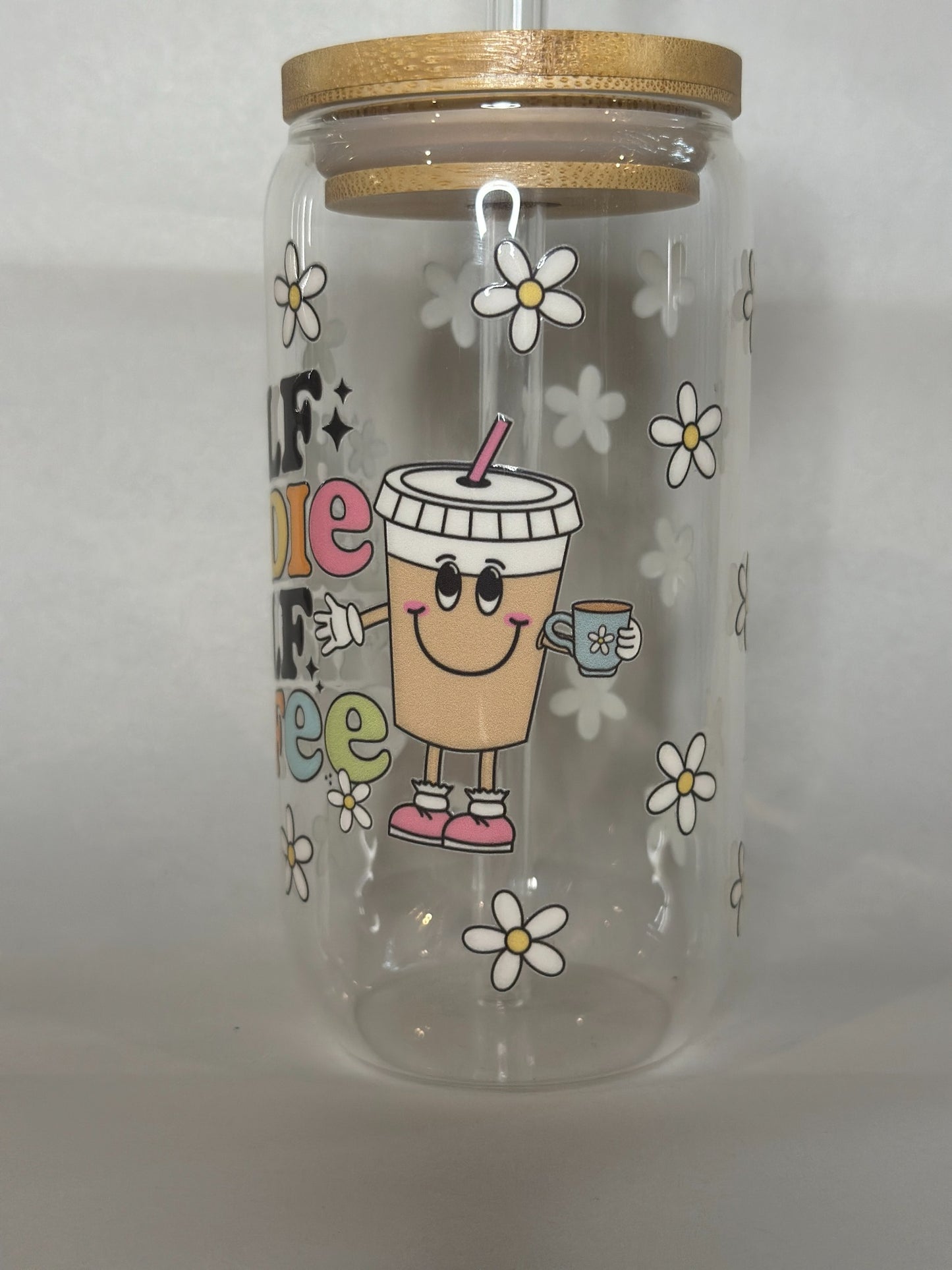 Half Baddie Half Coffee 16oz Libby Glass Can with Bamboo Lid & Straw – Cute Daisy Retro Tumbler