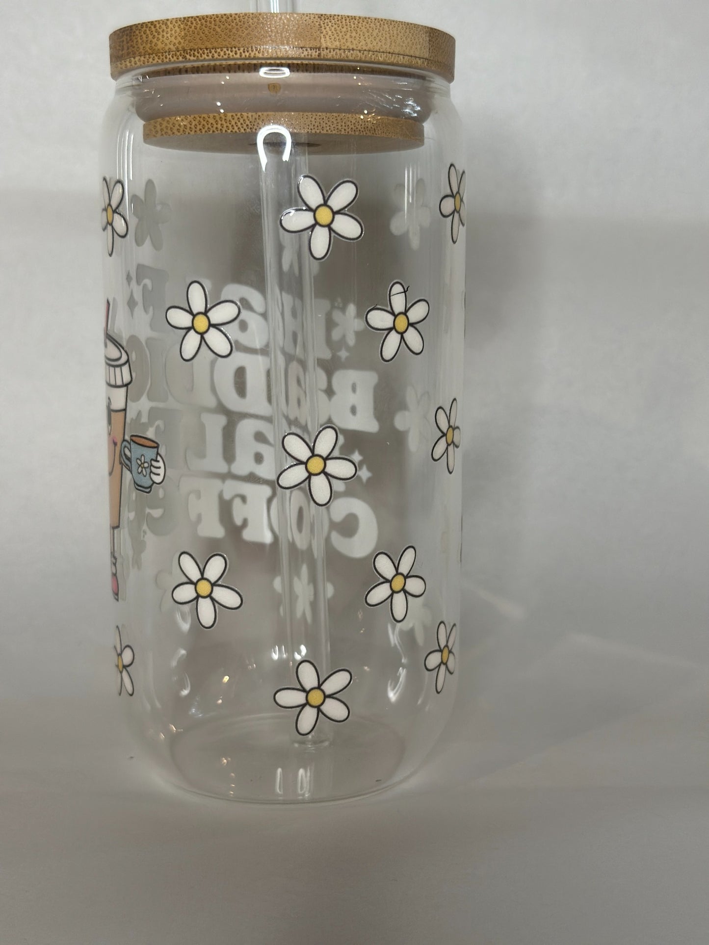 Half Baddie Half Coffee 16oz Libby Glass Can with Bamboo Lid & Straw – Cute Daisy Retro Tumbler