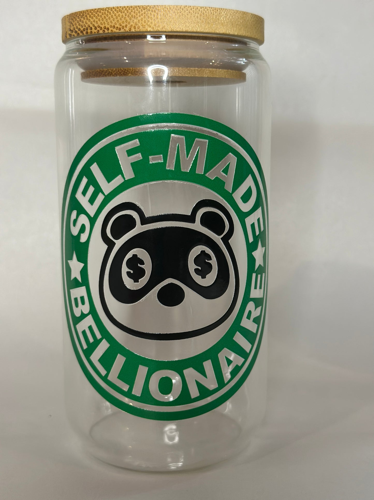 Self-Made Bellionaire 16oz Libby Glass Cup | Animal-Inspired Hustler Tumbler with Bamboo Lid & Straw
