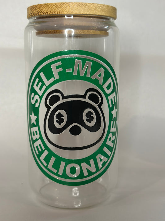 Self-Made Bellionaire 16oz Libby Glass Cup | Animal-Inspired Hustler Tumbler with Bamboo Lid & Straw