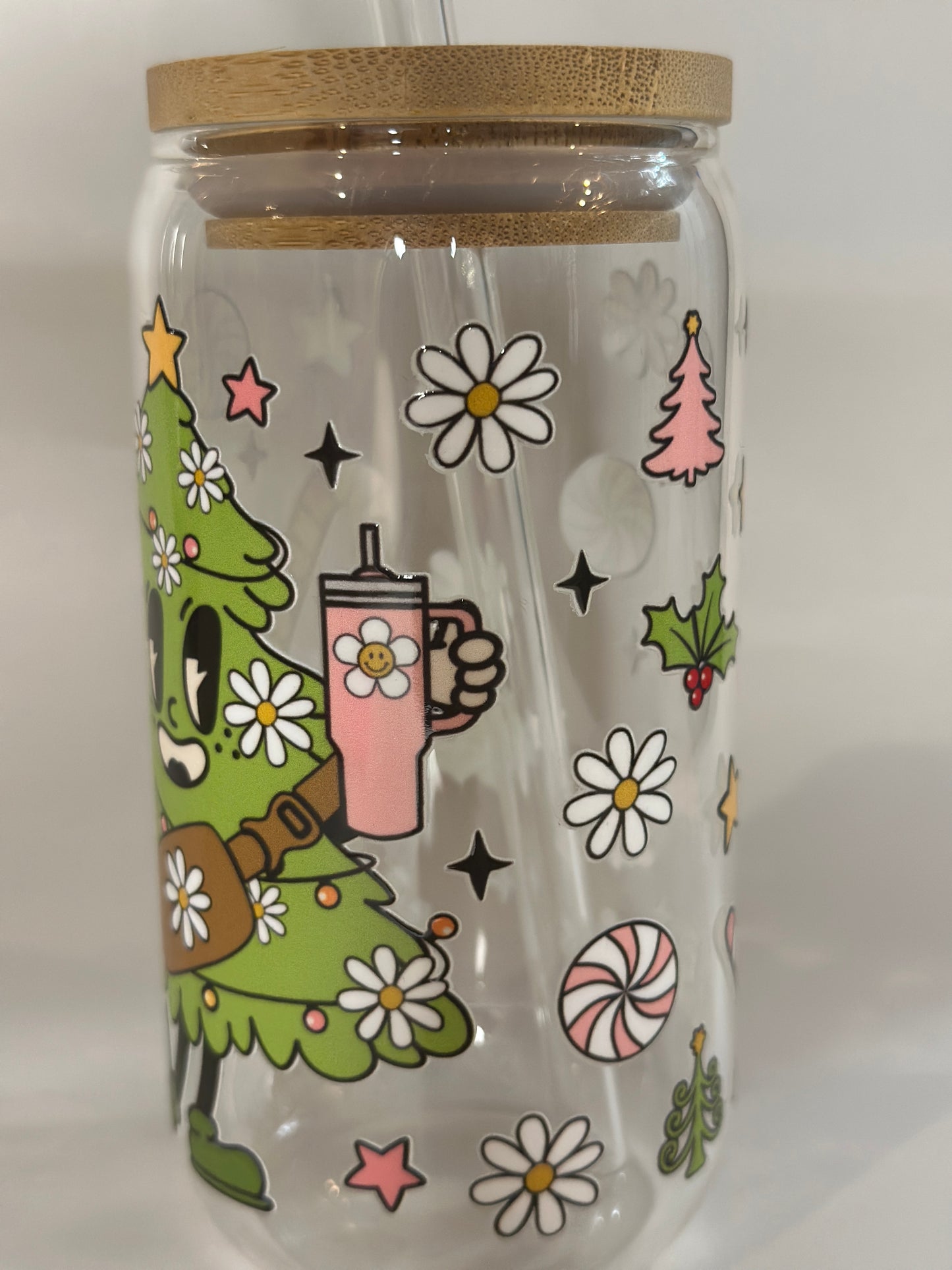 Daisy Tree 16oz Christmas Libby Glass | Cute Holiday Glass Cup with Lid & Straw