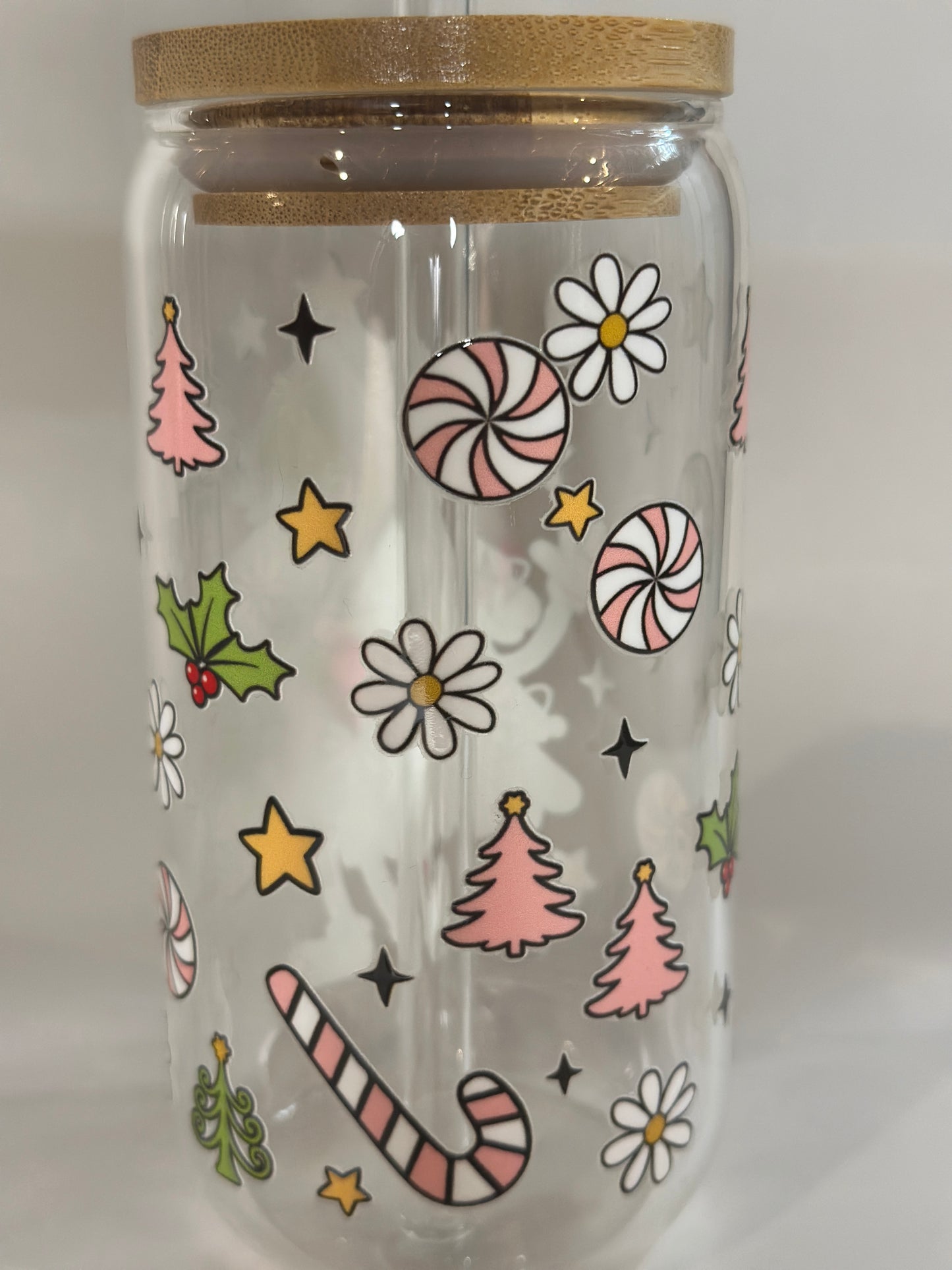 Daisy Tree 16oz Christmas Libby Glass | Cute Holiday Glass Cup with Lid & Straw