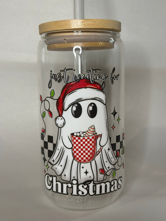 Just Waiting for Christmas Libby Glass – 16oz Ghost Holiday Cup with Bamboo Lid and Straw